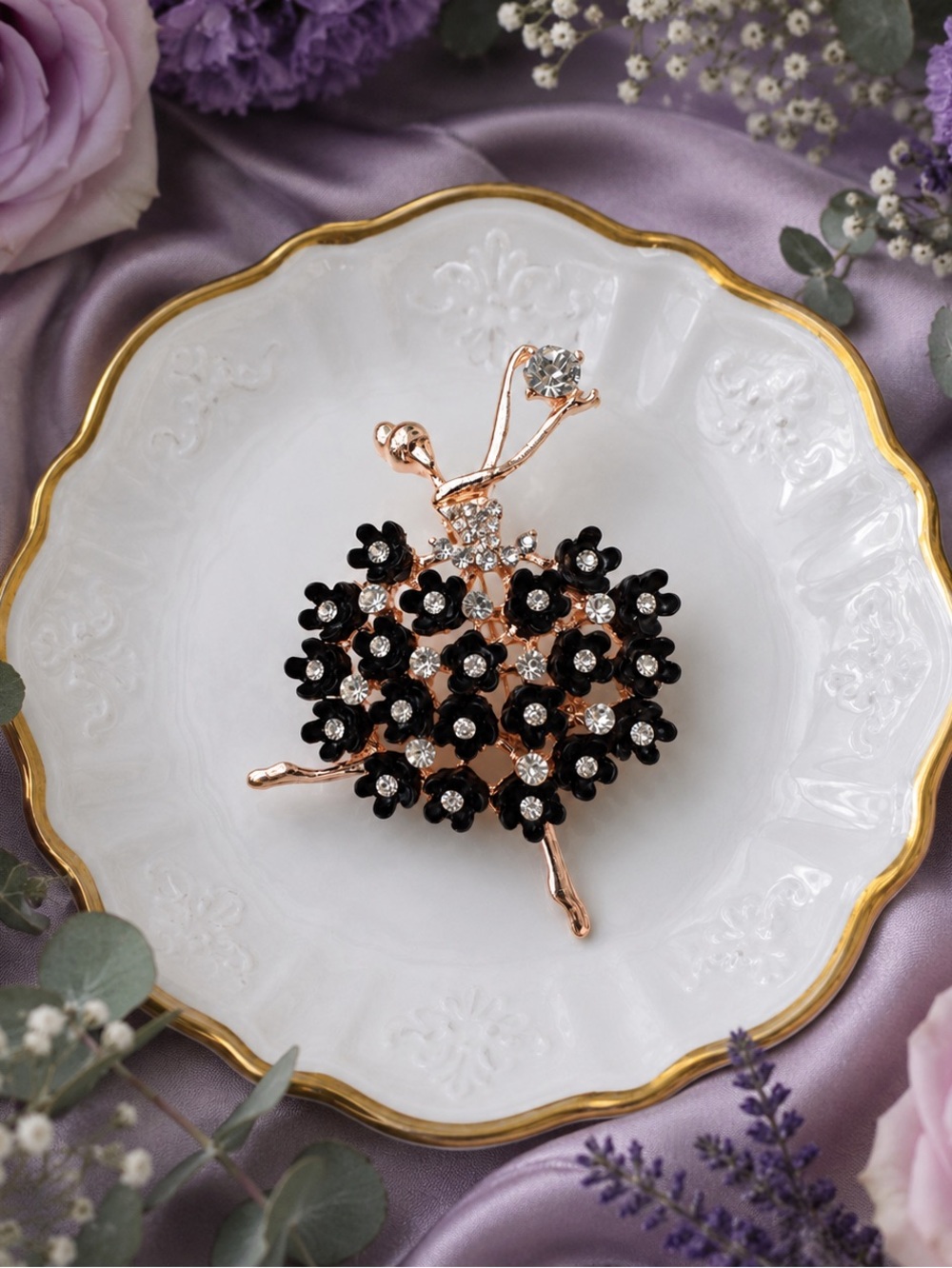 Sparkly Rose Gold Ballerina Brooch Black Floral Rhinestone Pin | Version 4